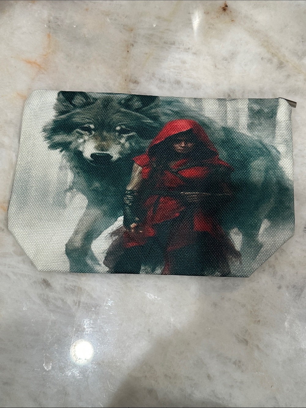 Red Riding Hood Wolf Print Cosmetic Pouch - Red and Gray